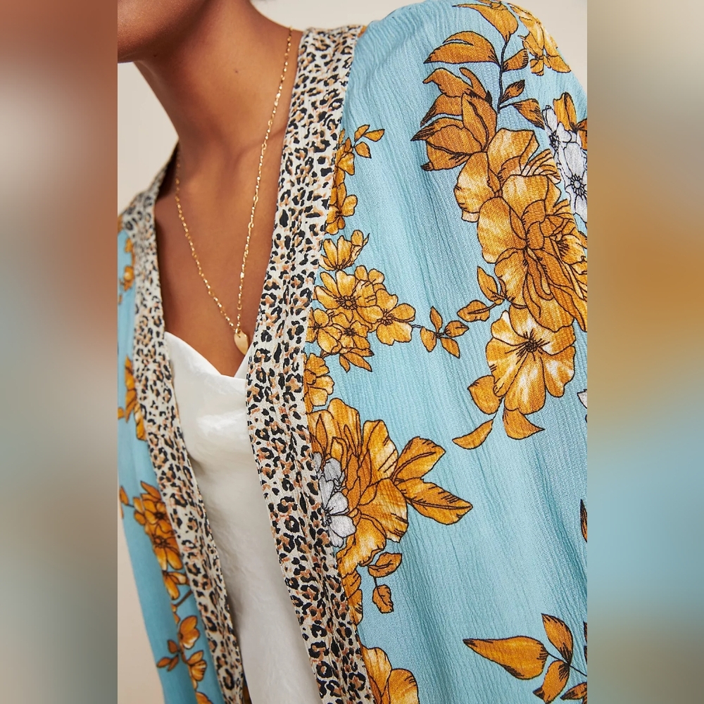 ANTHROPOLOGIE Andersen & Lauth Zoe Leopard-Trimmed Kimono One Size - Picture 4 of 9